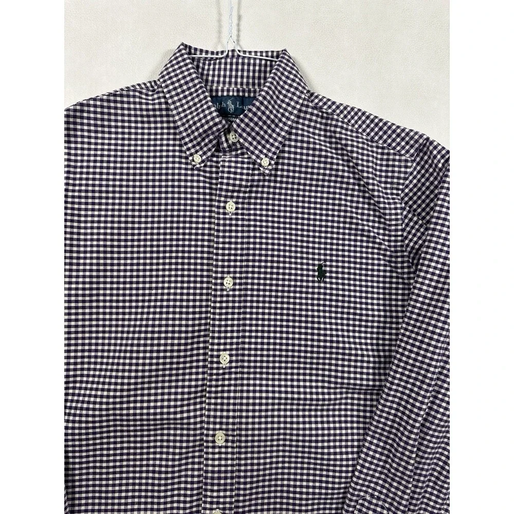 Polo Ralph Lauren Custom Fit Gingham Button Down Shirt Purple White Mens‎ Medium